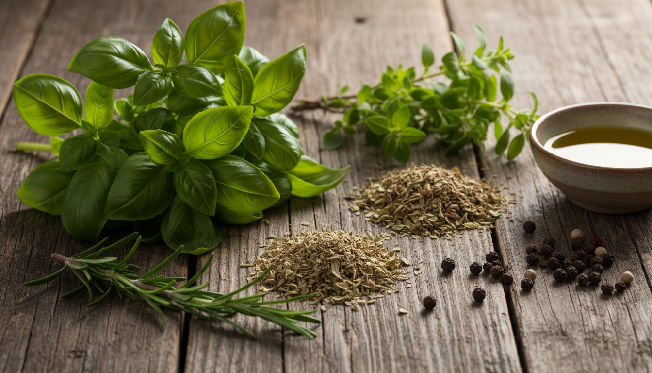 Fresh pizza herbs like basil and oregano on a rustic table