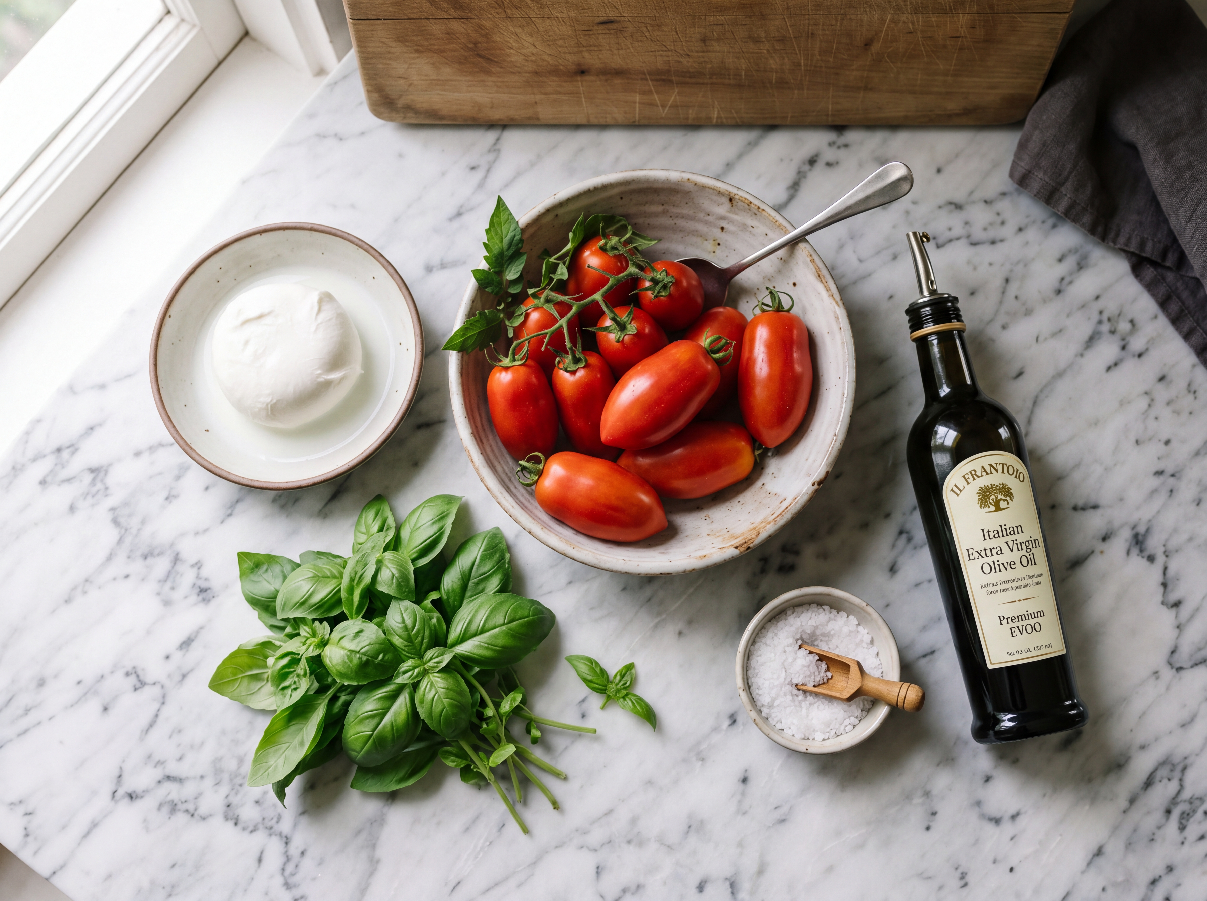 Fresh pizza ingredients including tomatoes, mozzarella, and basil