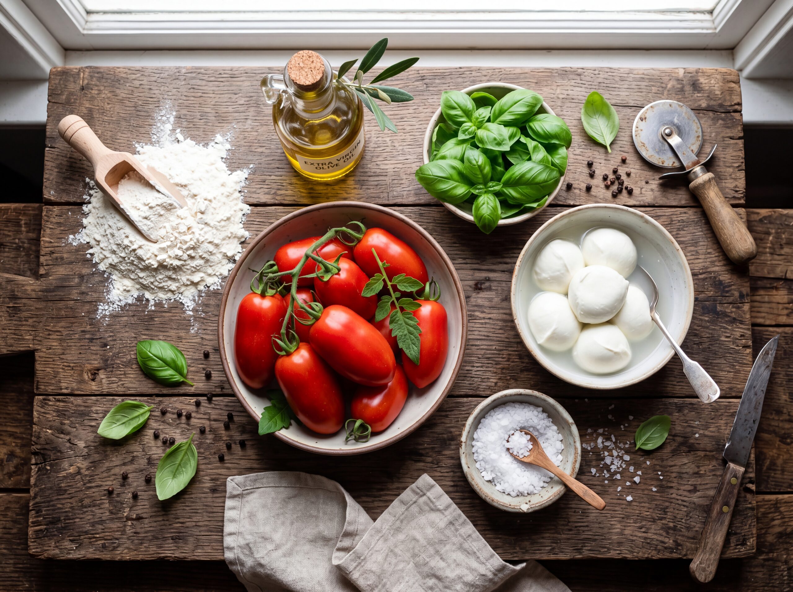 Fresh pizza ingredients flat lay