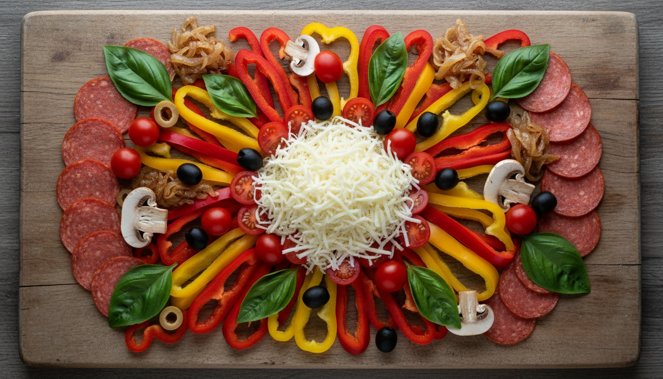 Fresh colorful pizza toppings arranged on a wooden board