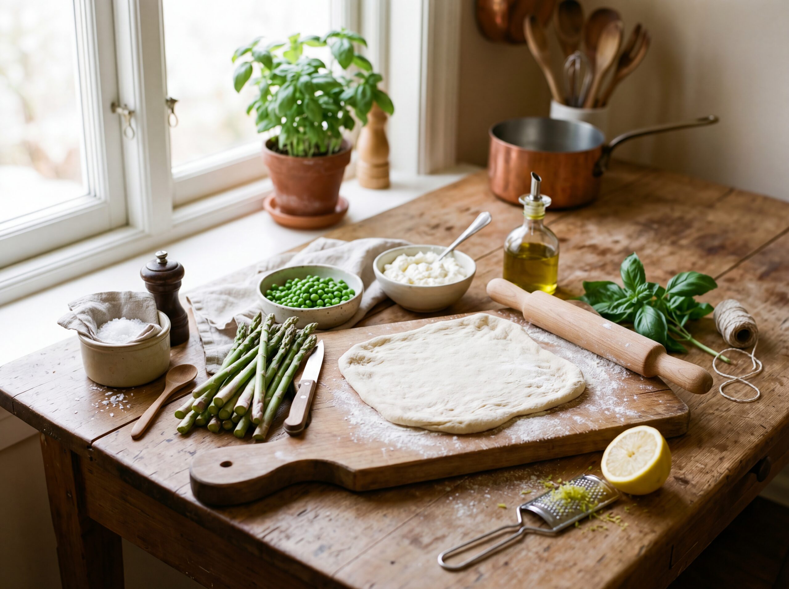 Fresh spring pizza ingredients on a kitchen table