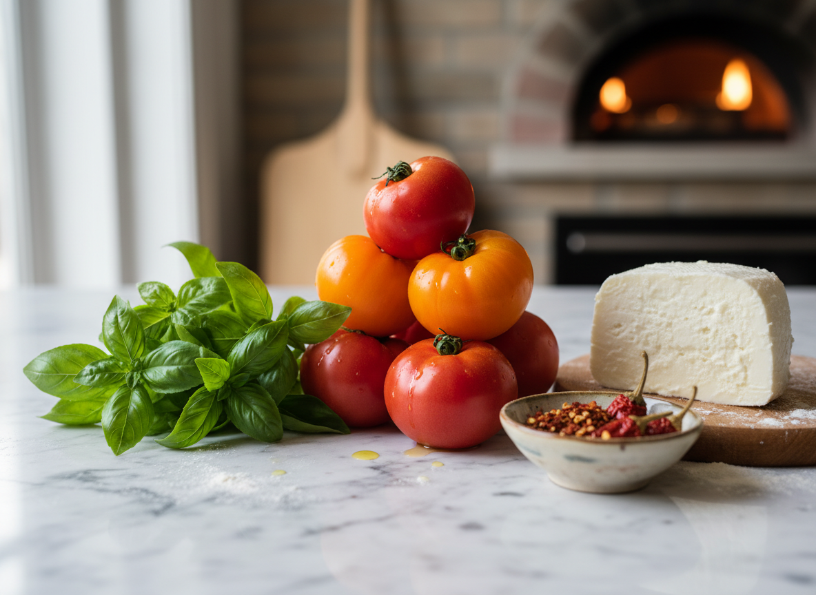 Fresh pizza ingredients: tomatoes, basil, and mozzarella