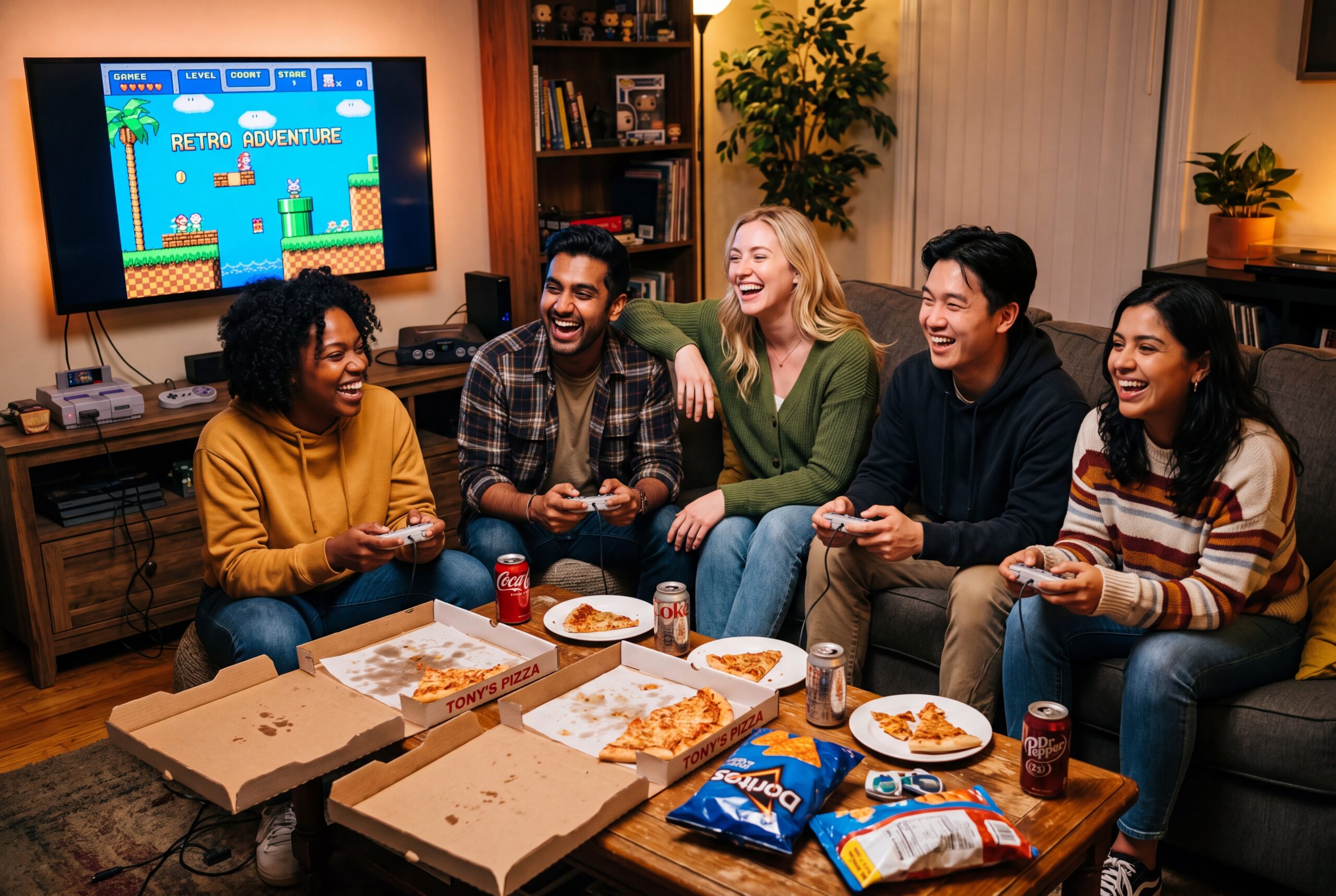 Friends gaming and eating pizza