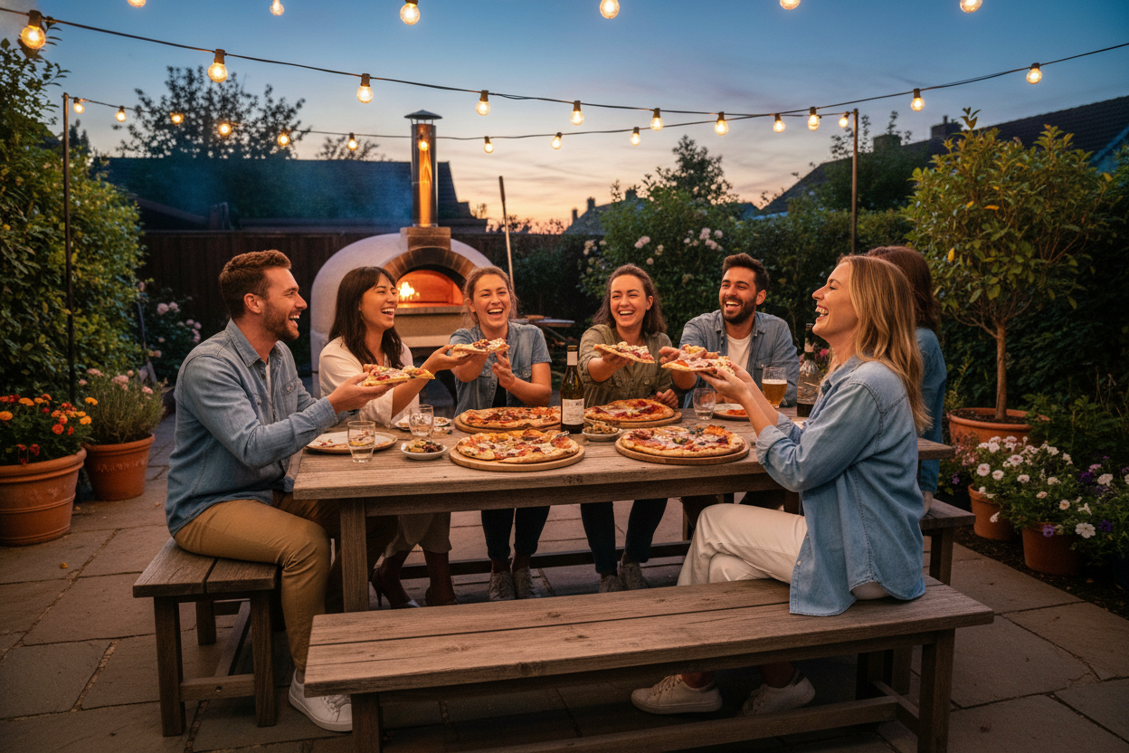 Friends sharing pizza at a festive party