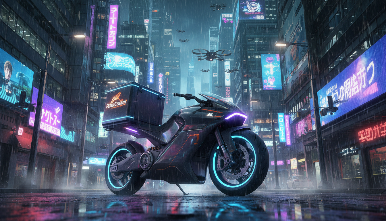 A futuristic pizza delivery bike in a neon city.
