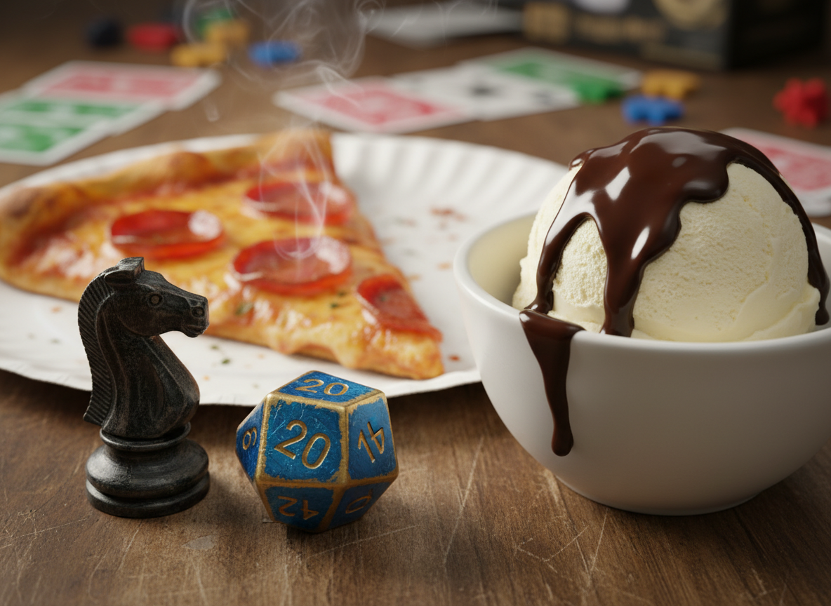 Close-up of game pieces and pizza