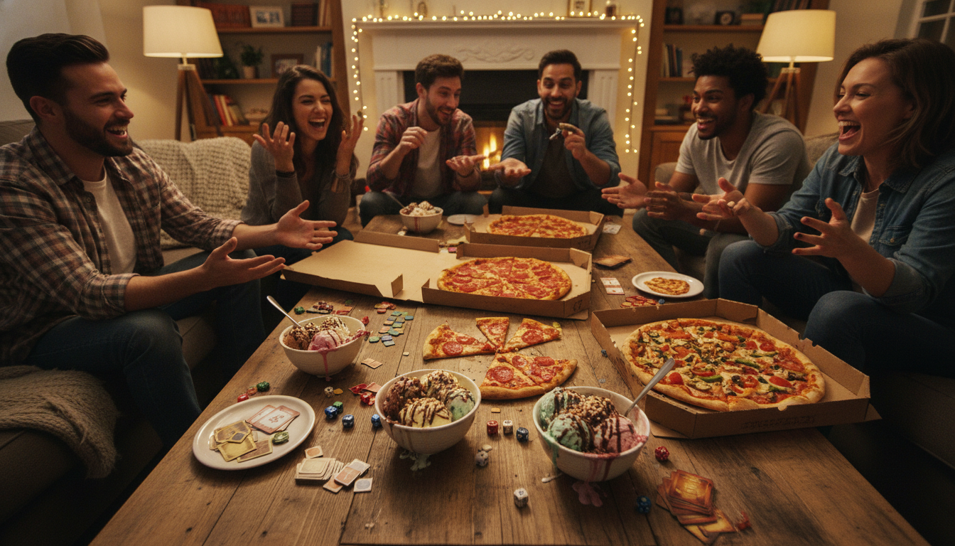 A lively board game night with friends, pizza, and ice cream