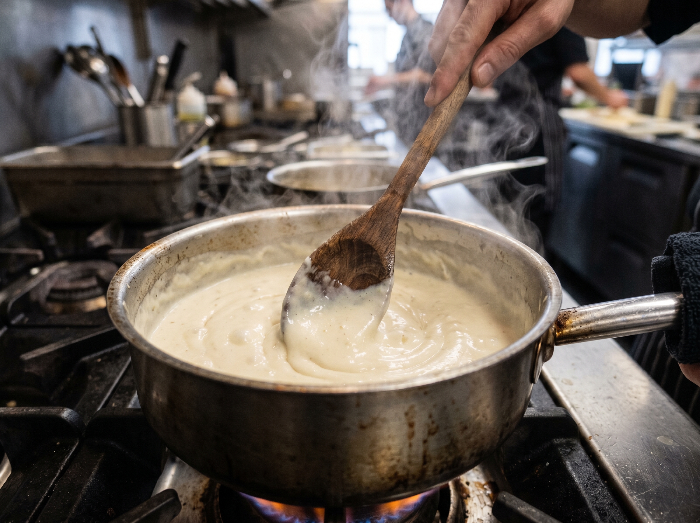 Creamy garlic sauce in a pan