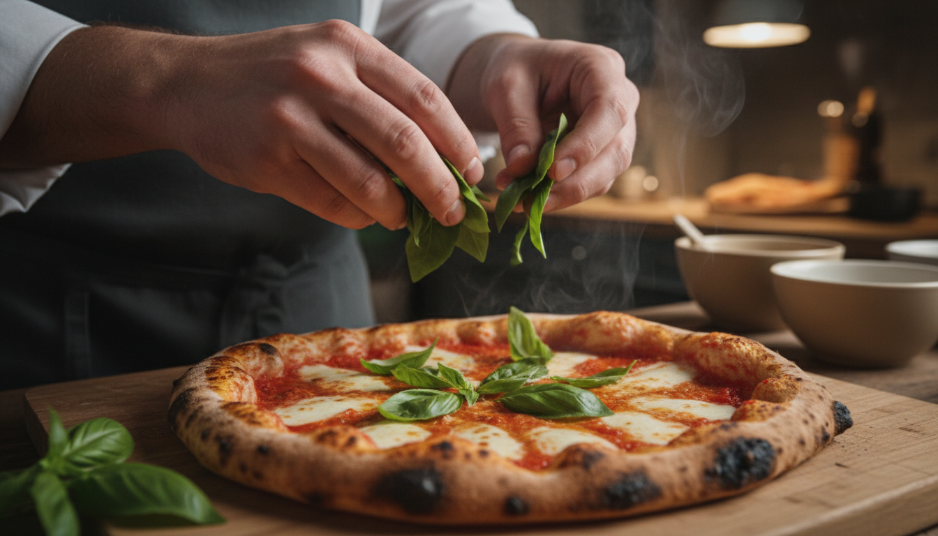 Chef sprinkling fresh basil on a Margherita pizza
