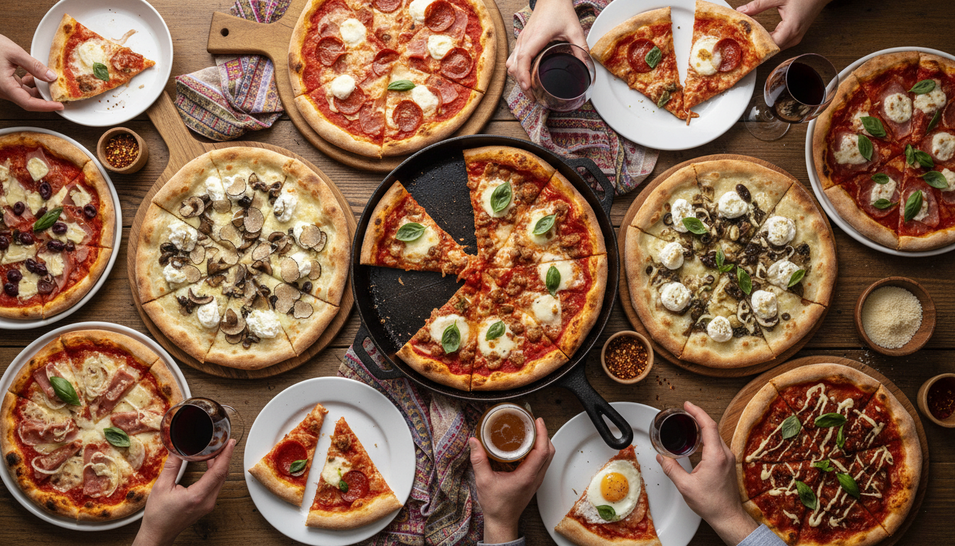 Various styles of pizza from around the world