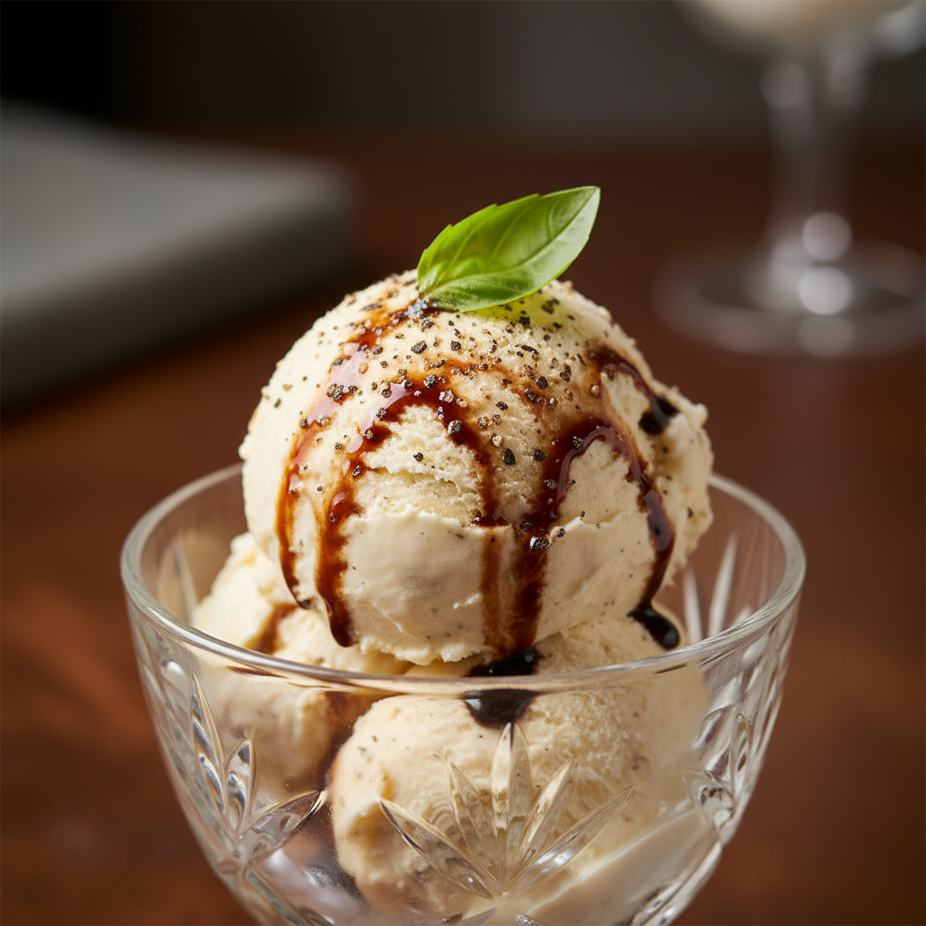 Gourmet vanilla bean ice cream with balsamic glaze and basil.