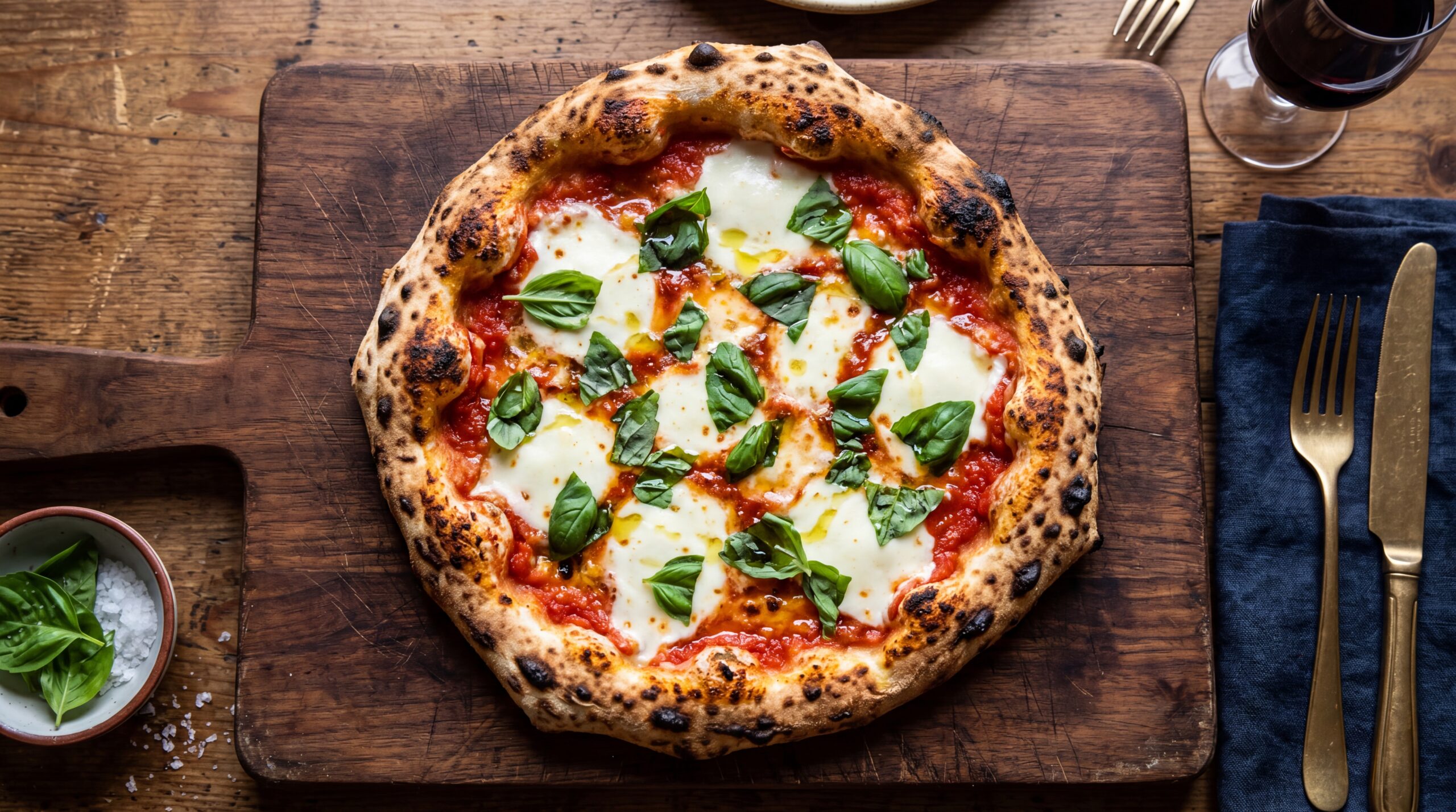 Gourmet Neapolitan pizza with fresh basil and mozzarella
