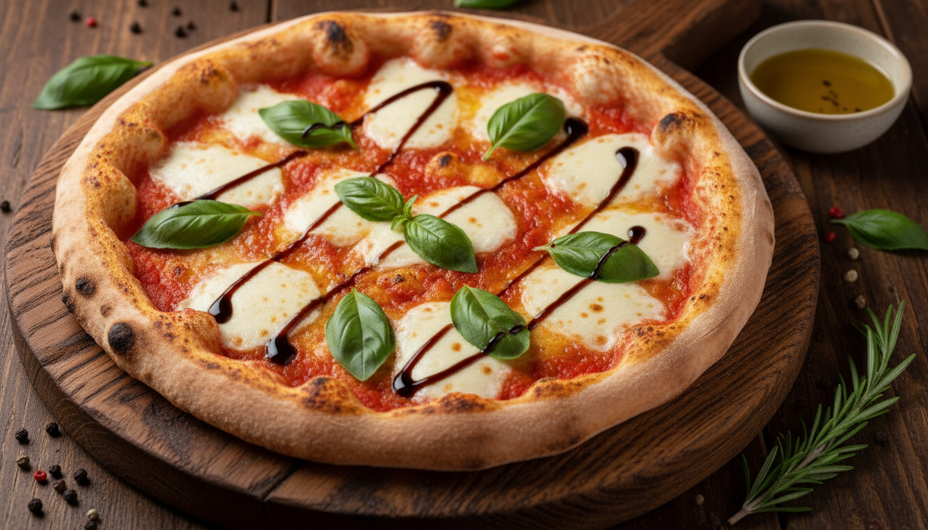 A top-down shot of a gourmet Margherita pizza beautifully plated on a rustic dark wooden board.