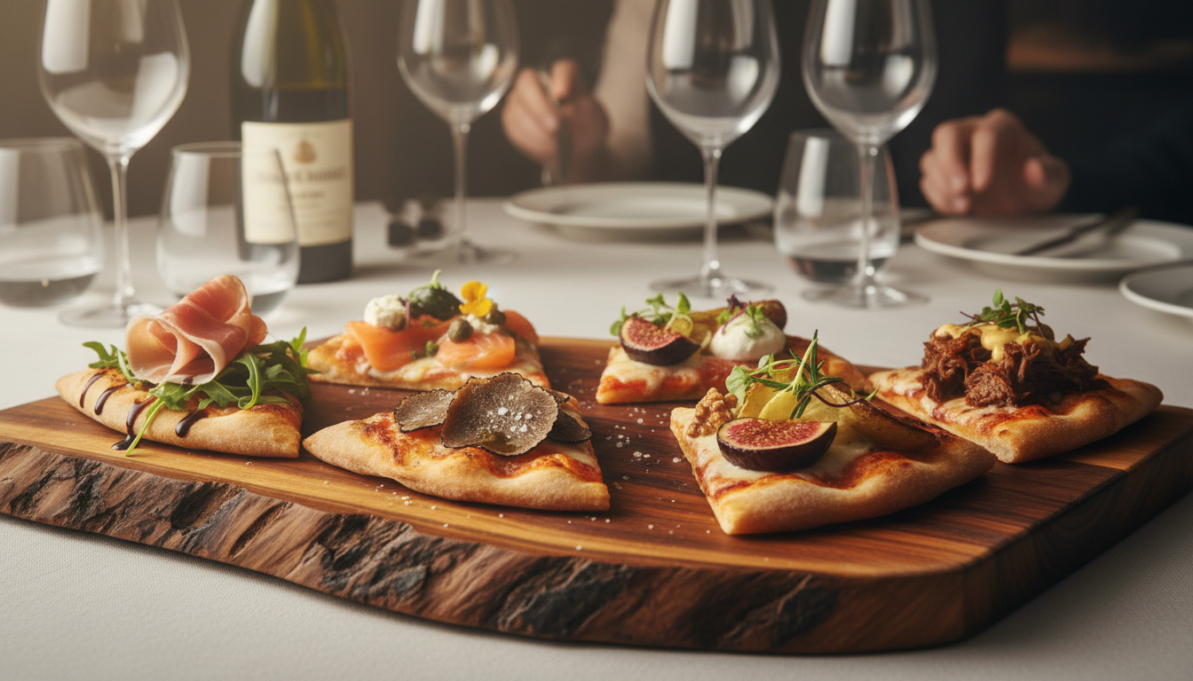 Gourmet pizza tasting menu presentation with artisanal slices.