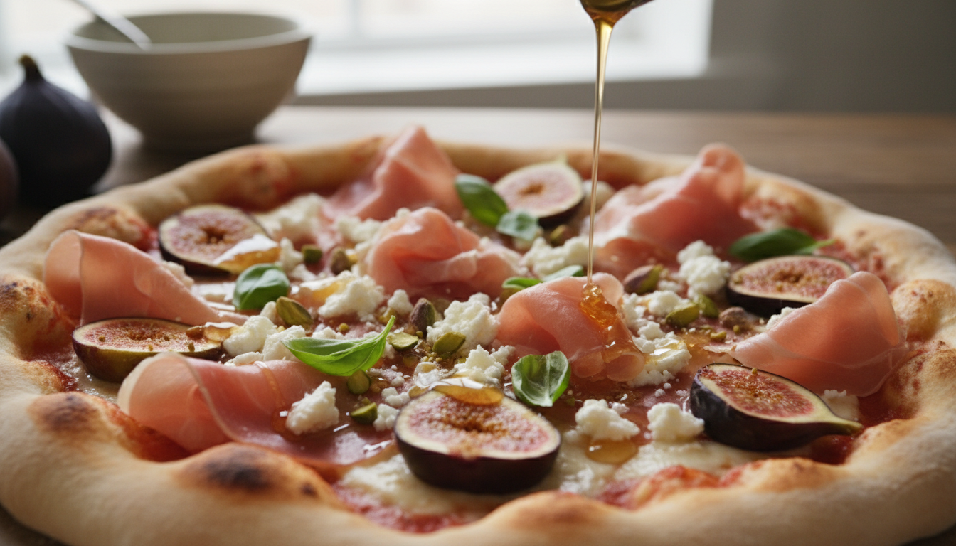 Exotic gourmet pizza toppings like figs and prosciutto