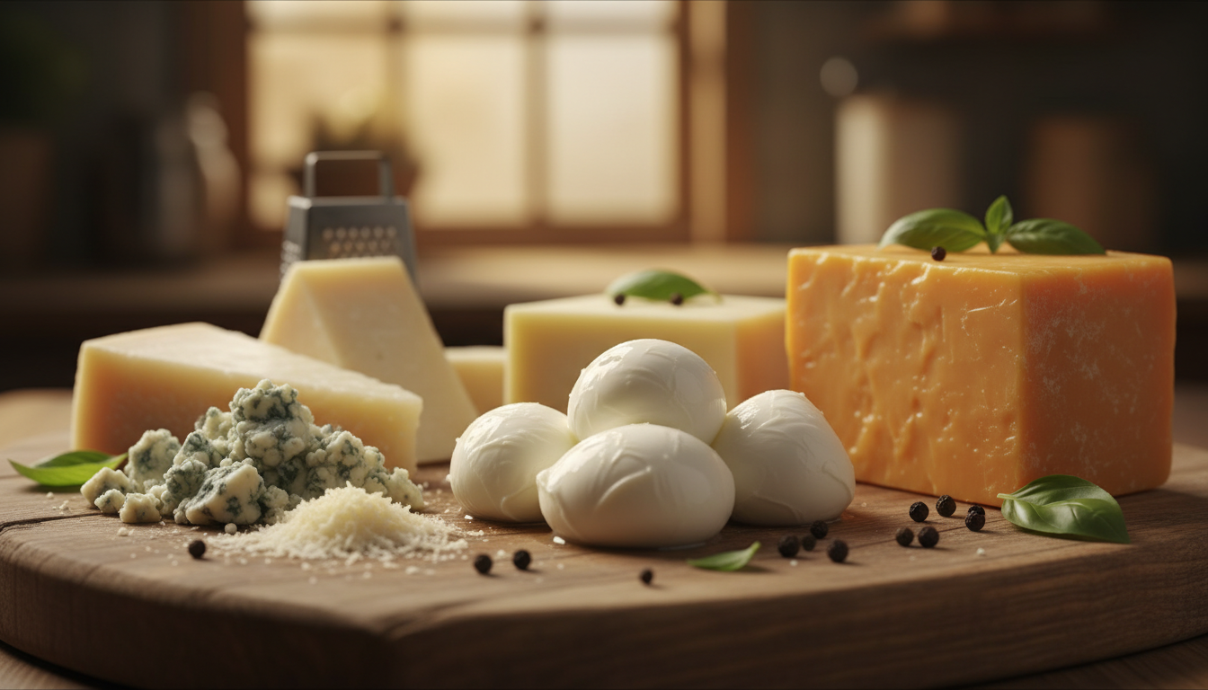 Variety of gourmet cheeses for pizza