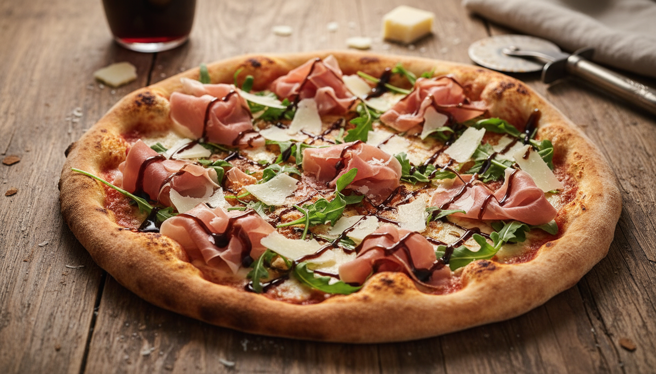 Gourmet pizza with diverse toppings like prosciutto and arugula
