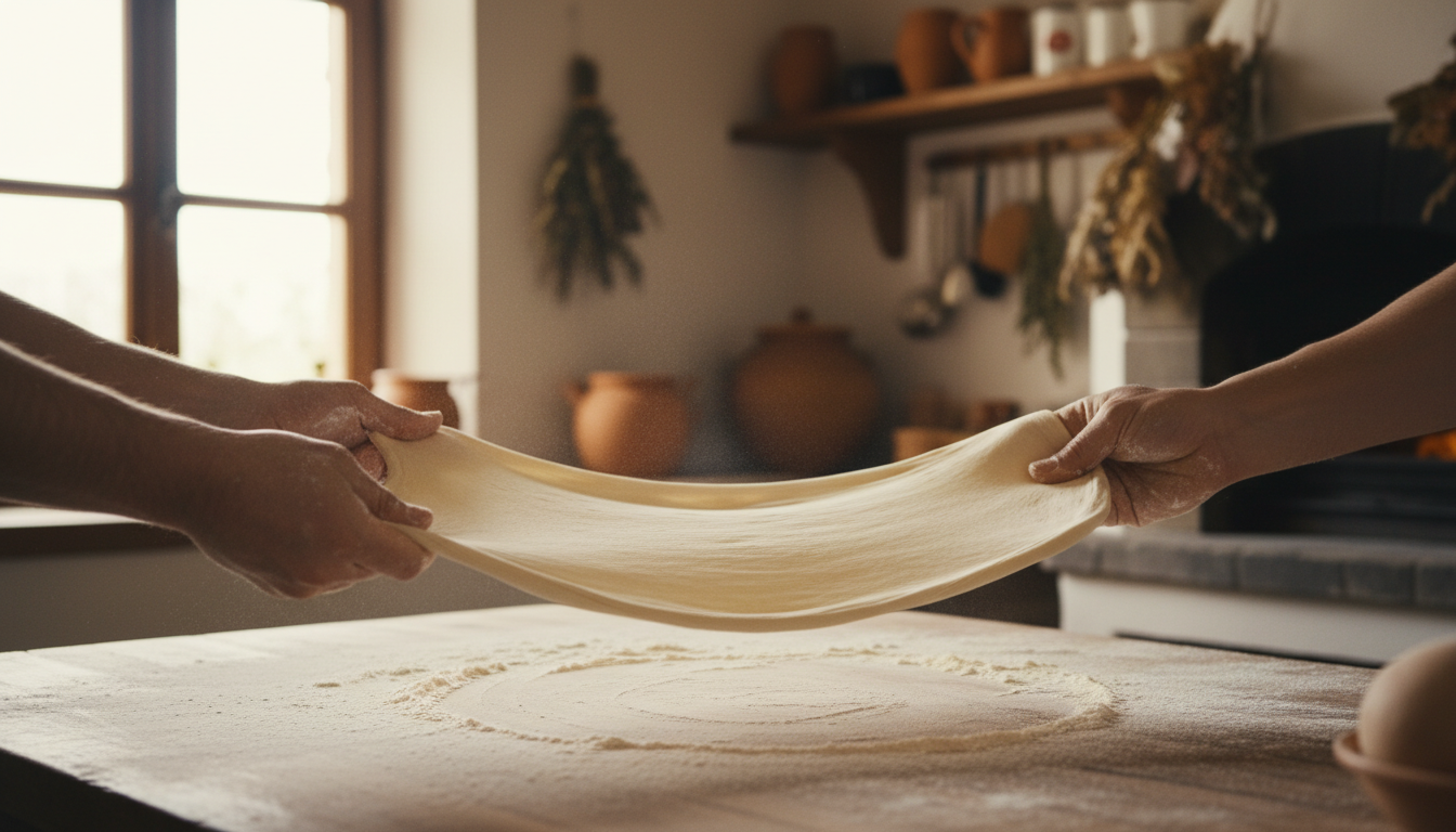 Hands stretching pizza dough on a floured surface