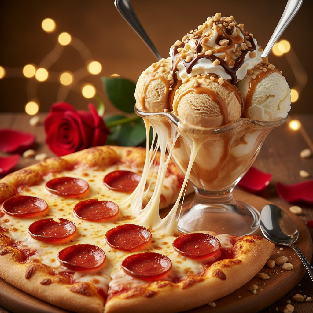 Heart-shaped pepperoni pizza and a shared ice cream sundae