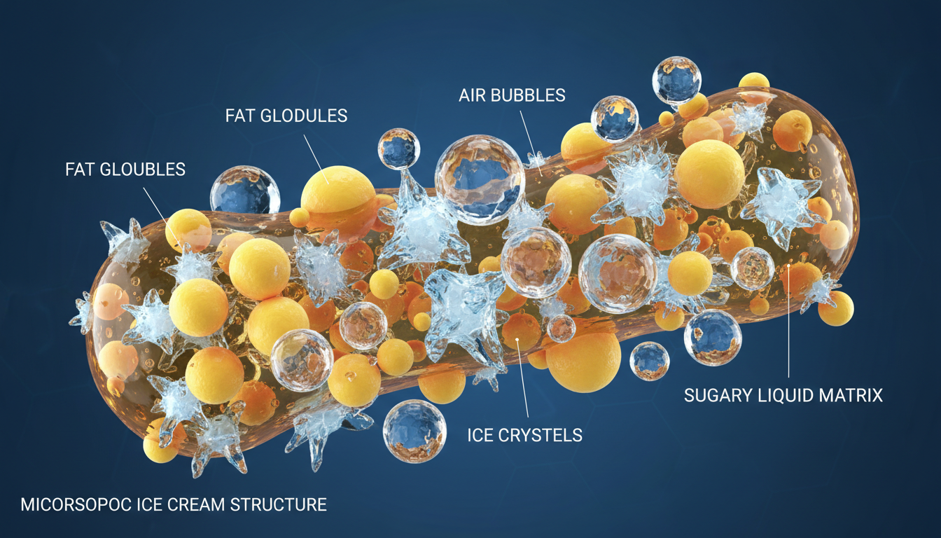 Artistic 3D rendering of ice cream microscopic structure.