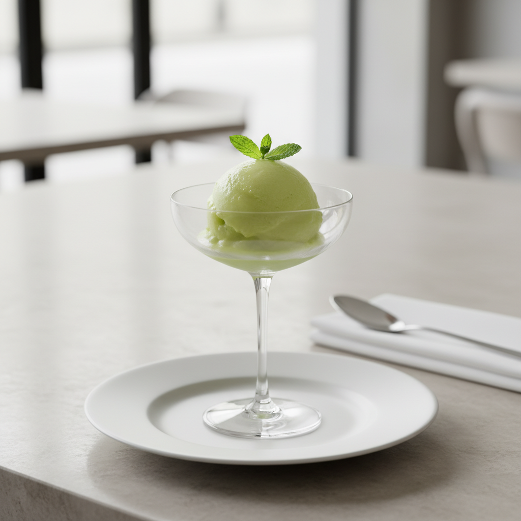 Artisanal lemon sorbet palate cleanser in a crystal glass.