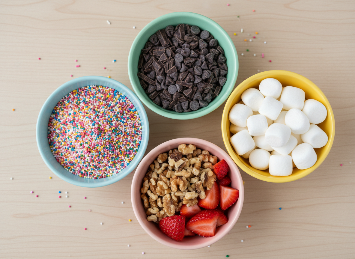 A variety of colorful ice cream toppings in small bowls