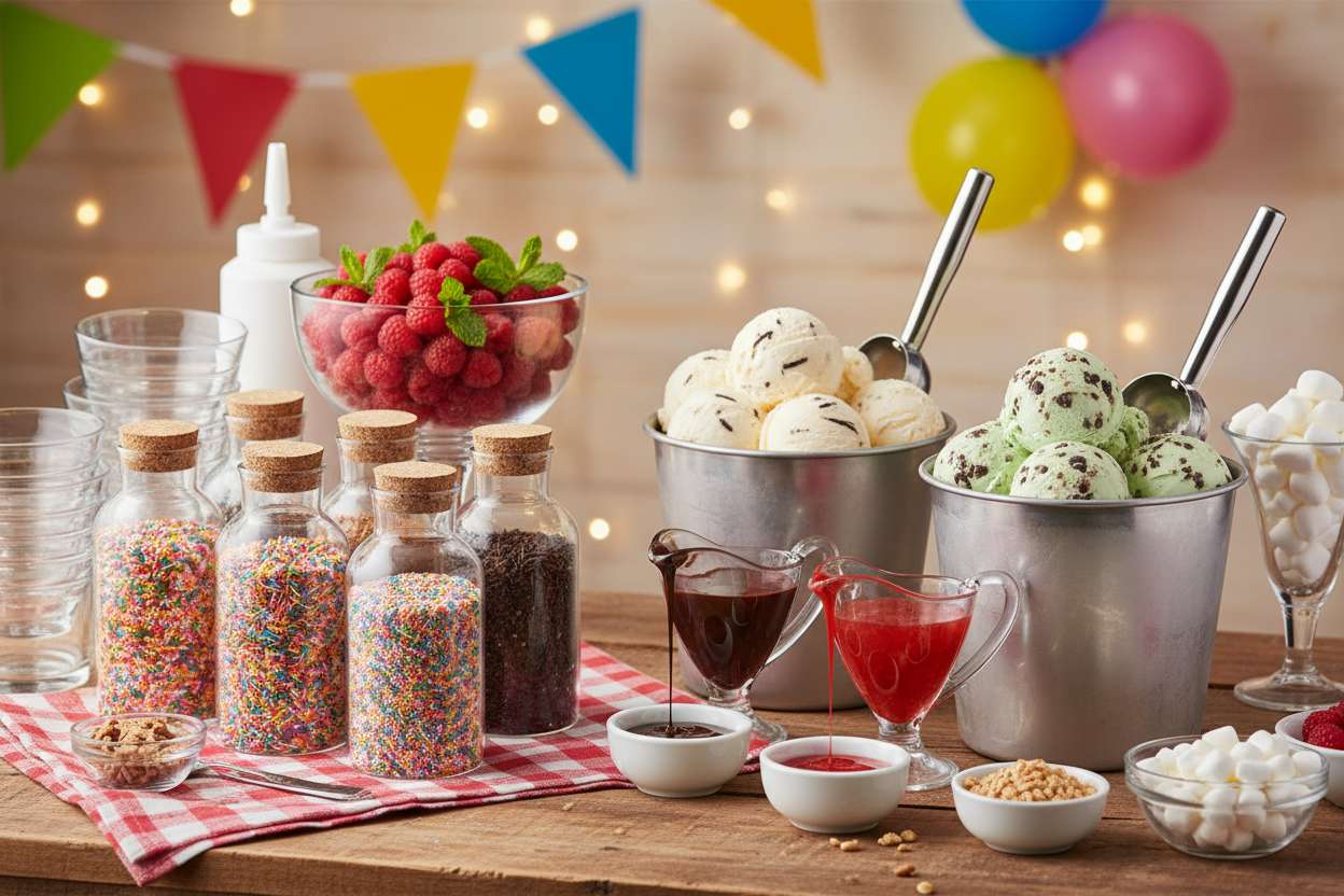Colorful ice cream sundae station