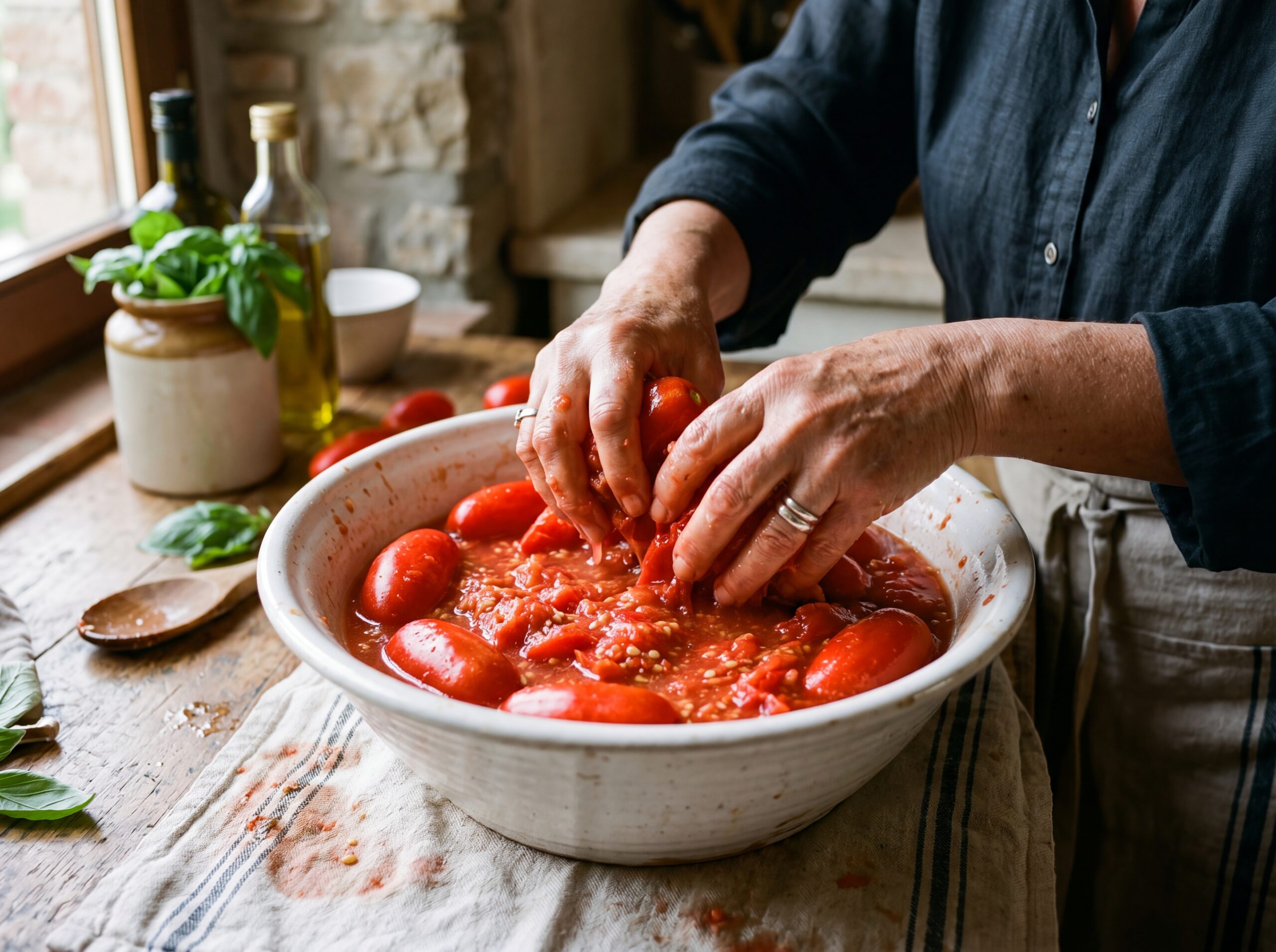 Hands crushing fresh San Marzano tomatoes in a bowl