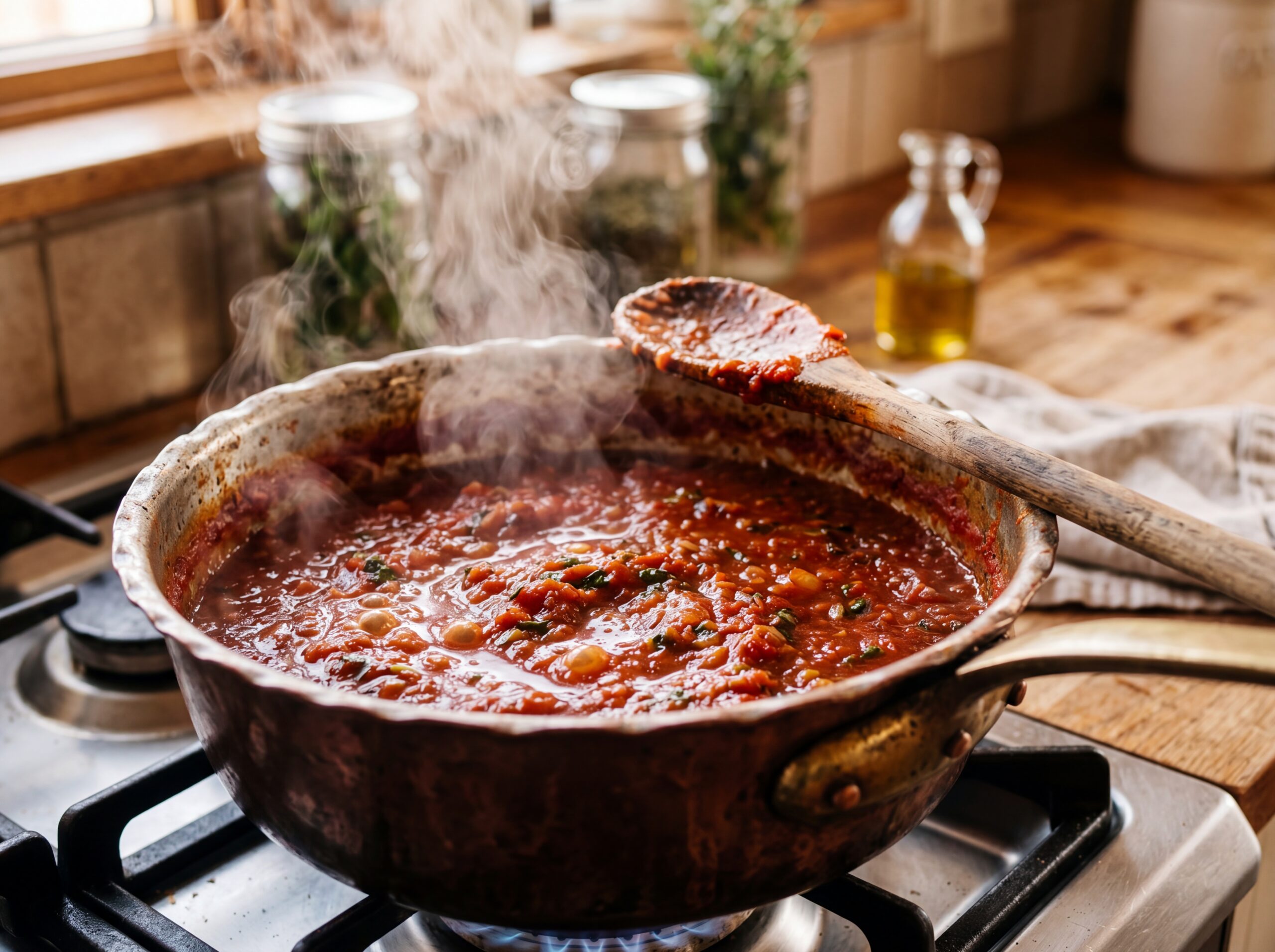 Red tomato sauce simmering in a copper pot with steam rising