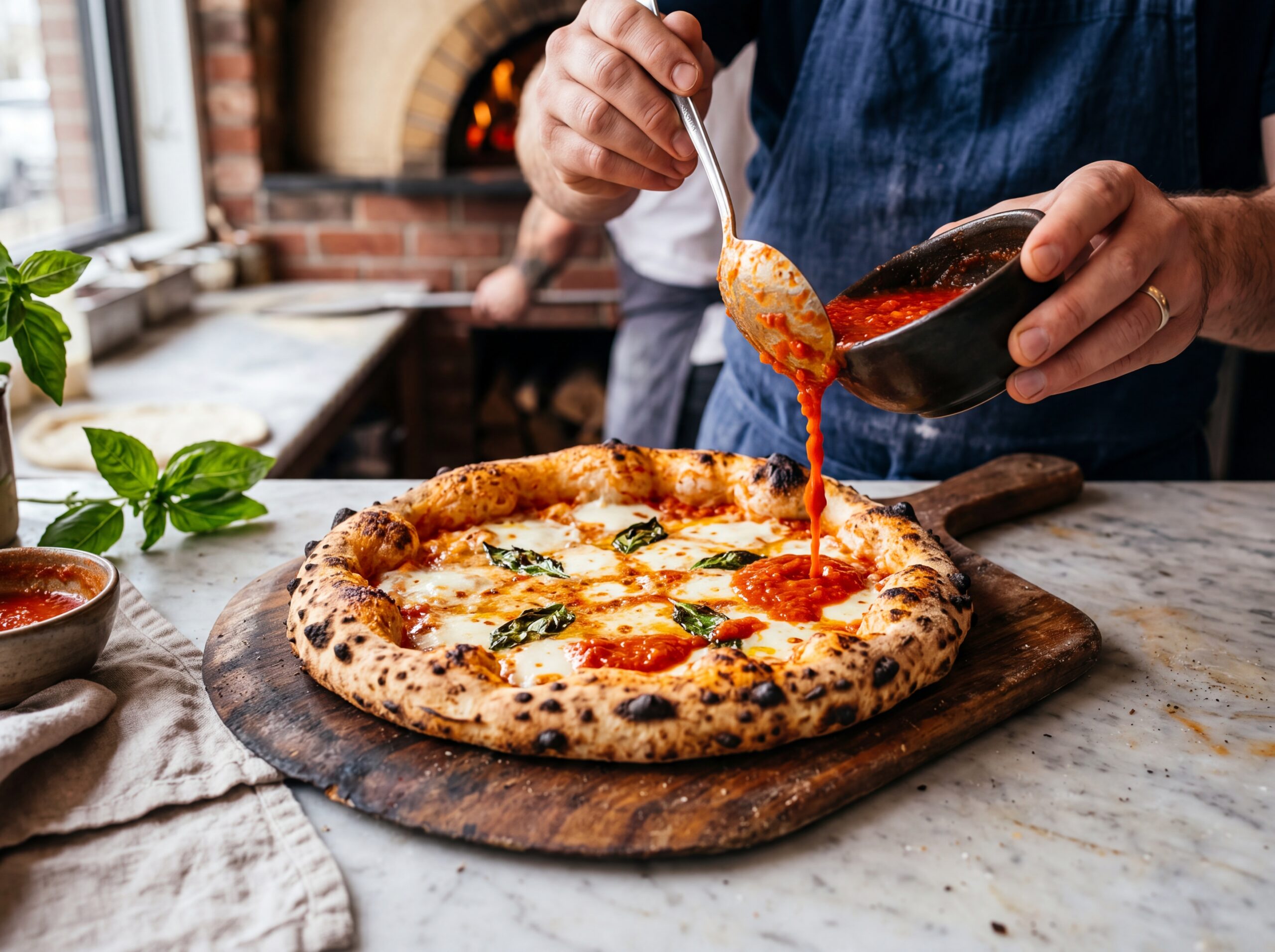 Drizzling spoonful of tomato sauce onto a Neapolitan pizza crust