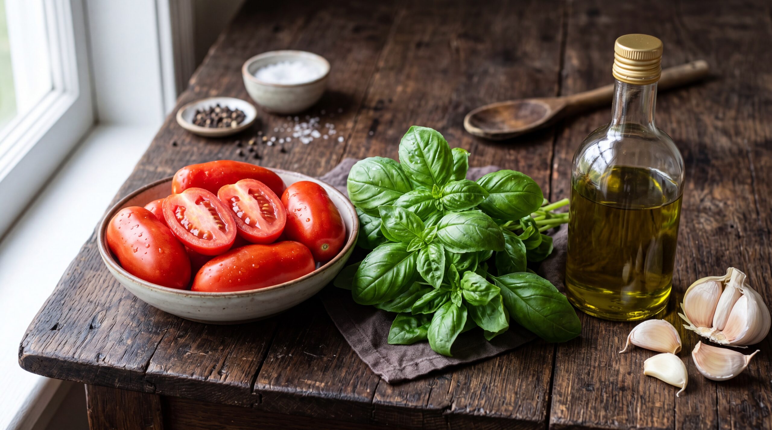 Fresh ingredients for homemade pizza sauce on a rustic wooden table