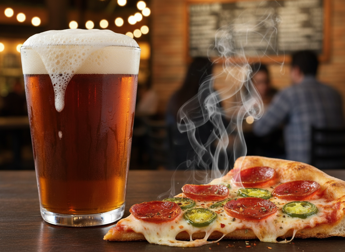 A glass of IPA beer next to a spicy pizza