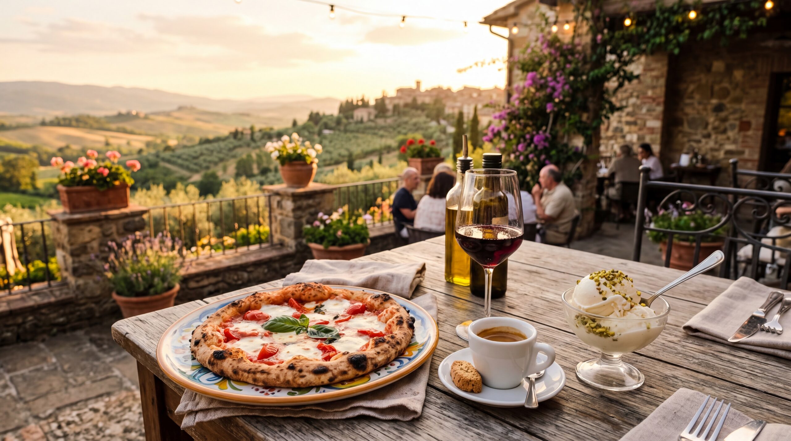 Pizza and gelato on Italian outdoor terrace