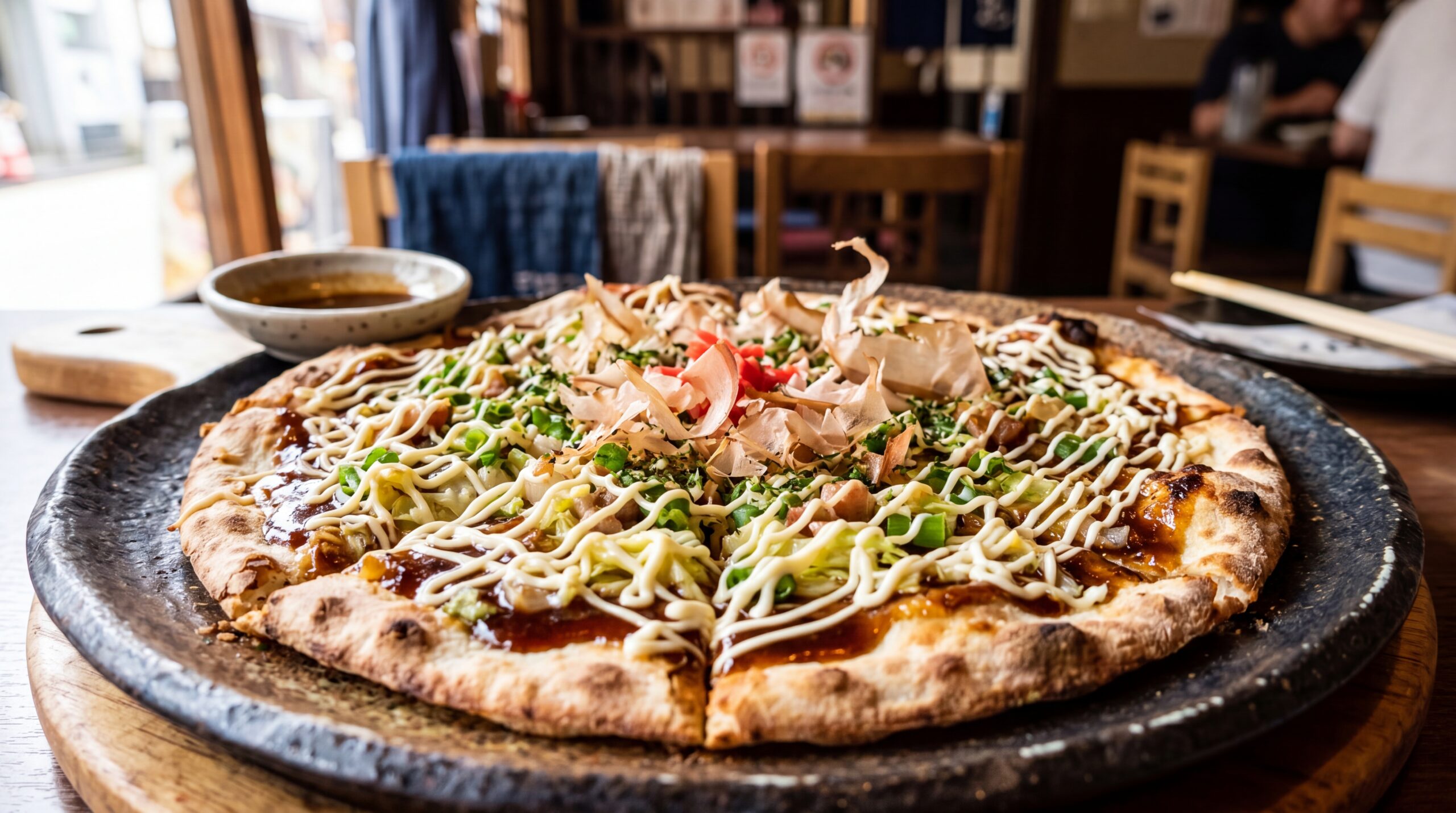Japanese fusion pizza with bonito flakes and mayo