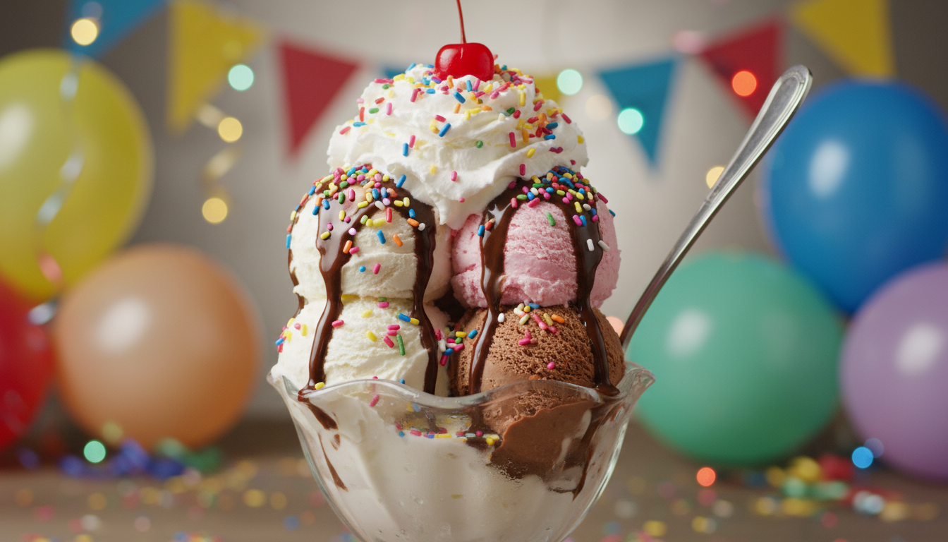 A colorful kid-friendly ice cream sundae