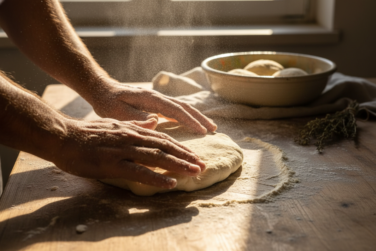Hands kneading pizza dough