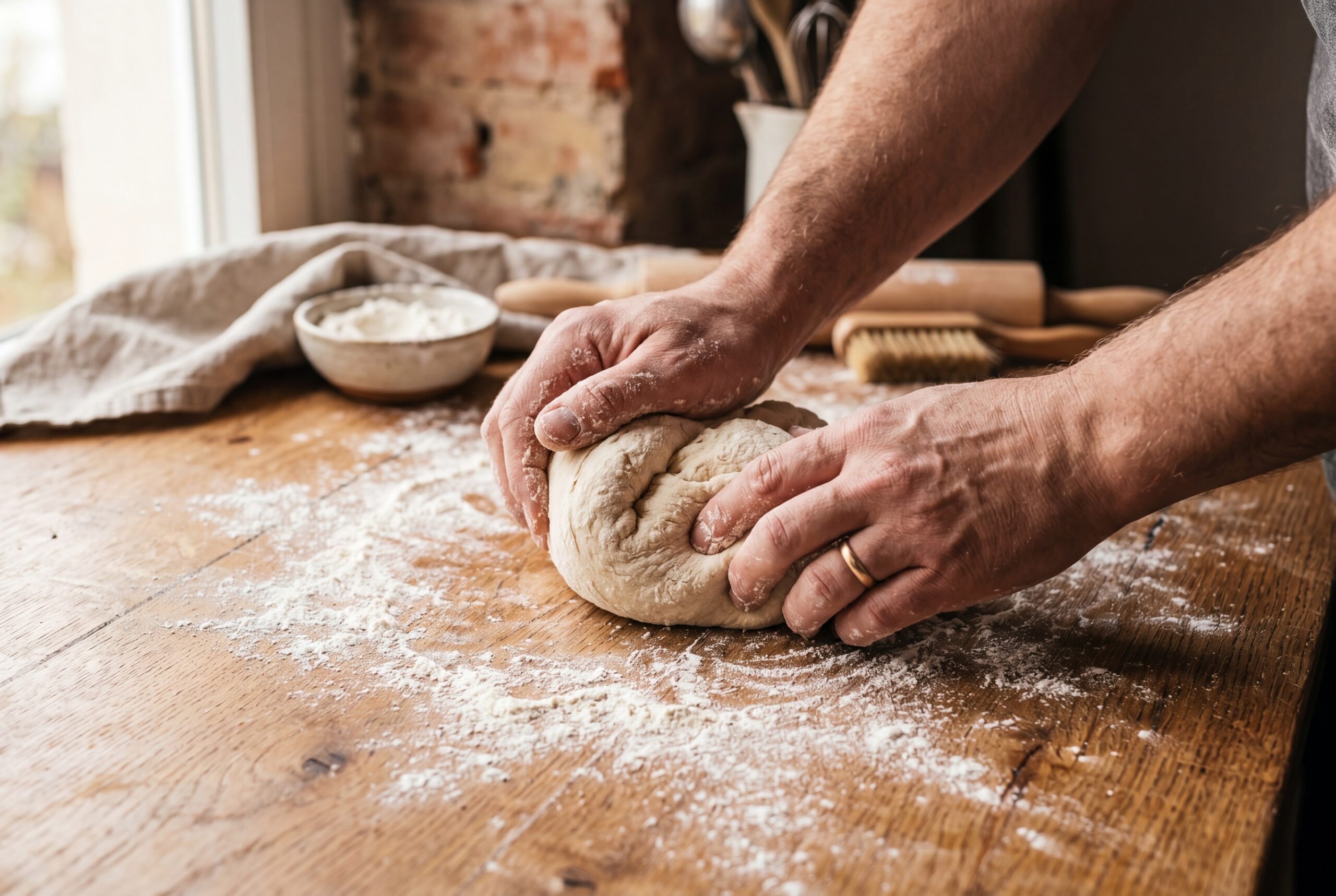 Hands kneading pizza dough on a floured surface