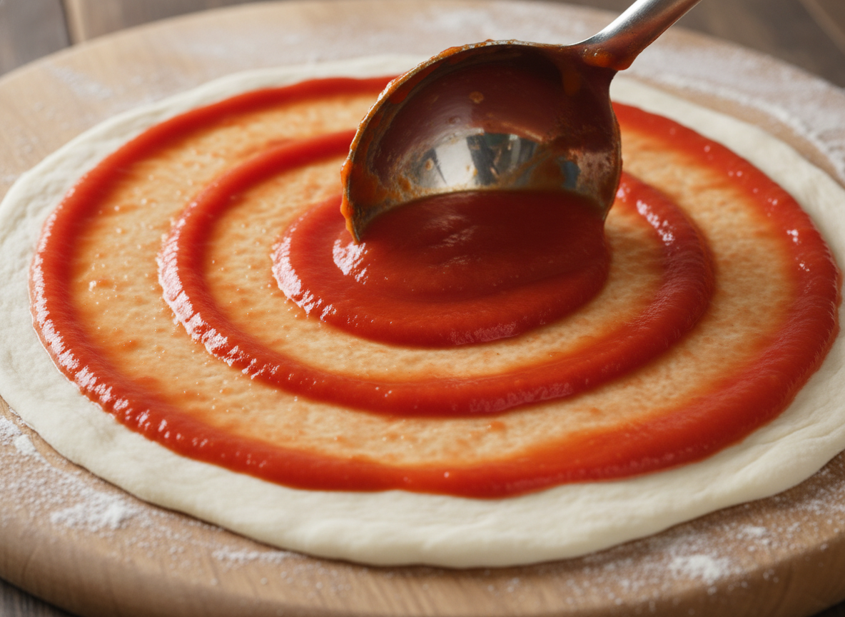 A ladle spreading vibrant red sauce on fresh pizza dough.