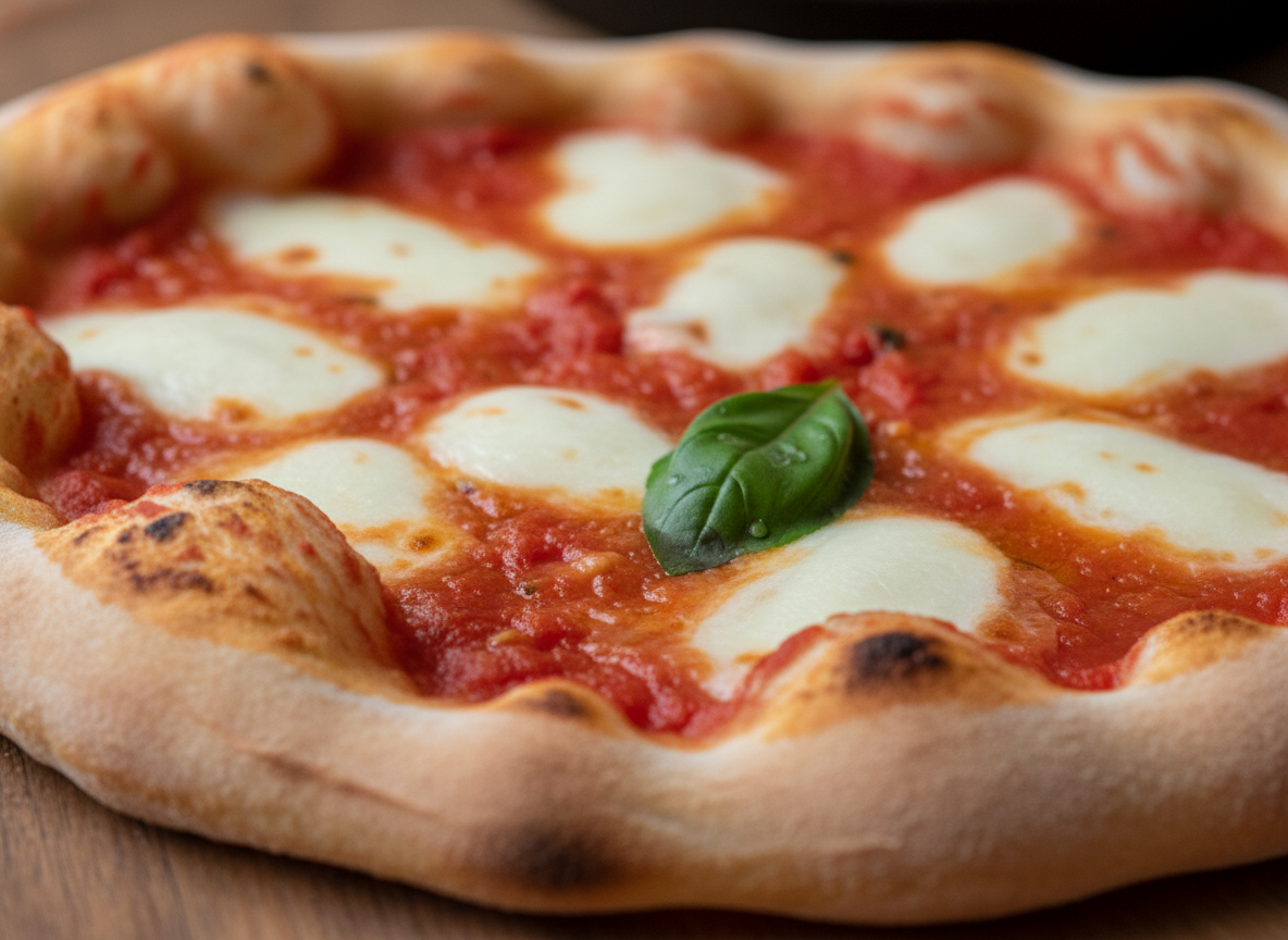 Close up of a Margherita pizza with San Marzano sauce