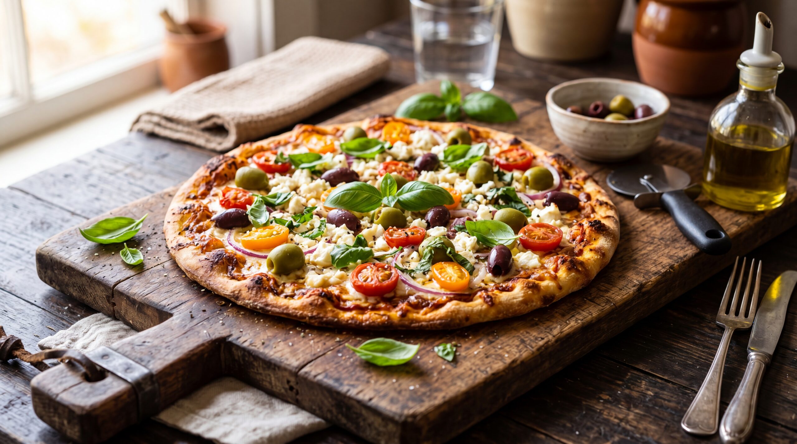 A vibrant Mediterranean pizza with olives and feta