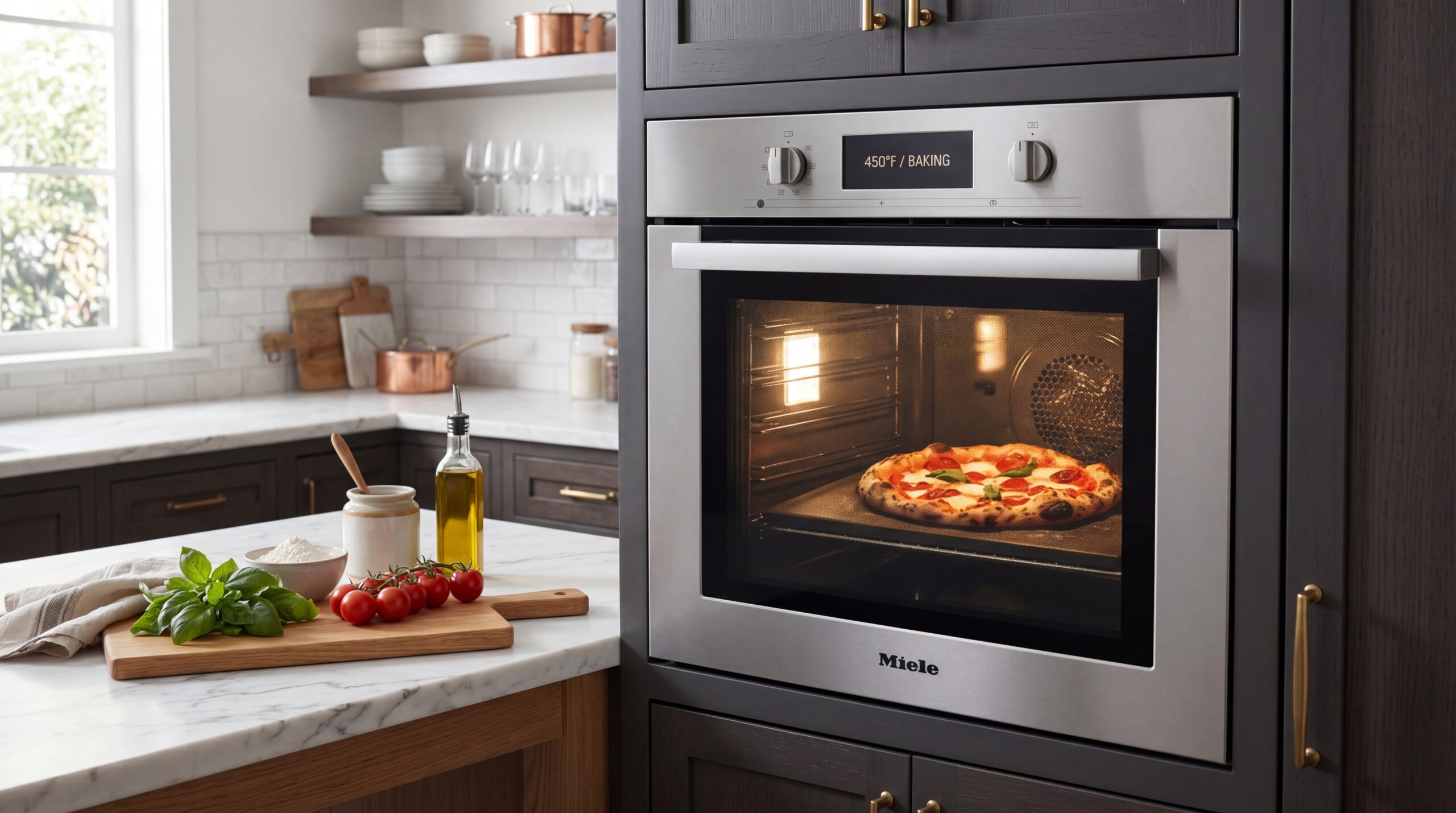 A modern home oven with a pizza baking on a stone