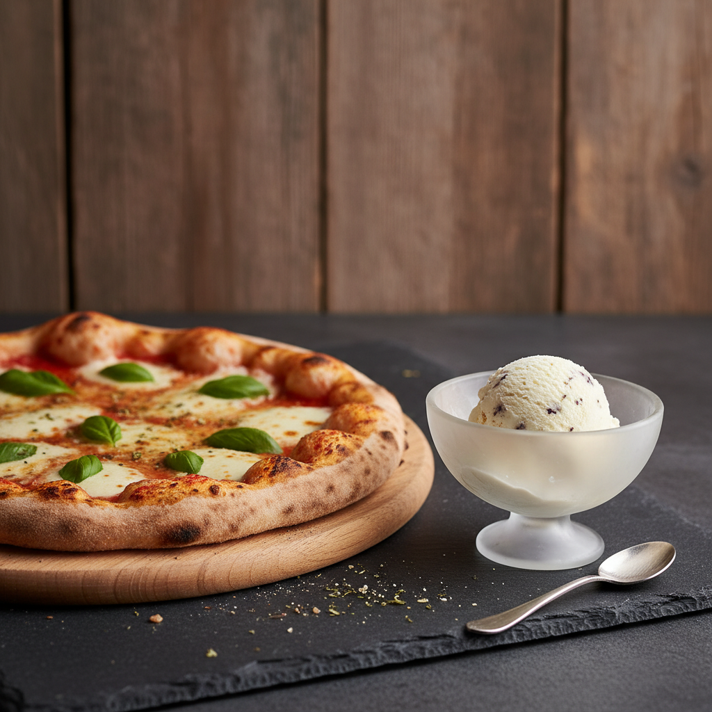 Gourmet wood-fired pizza next to artisanal vanilla bean ice cream.
