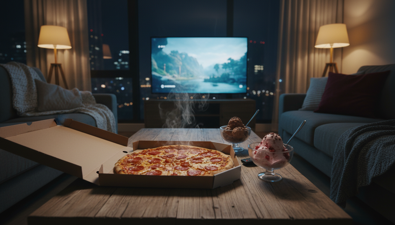 A cozy movie night setup with pizza and ice cream
