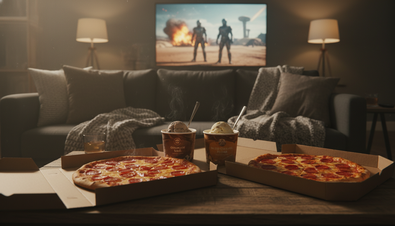 A cozy movie night setup with pizza and ice cream
