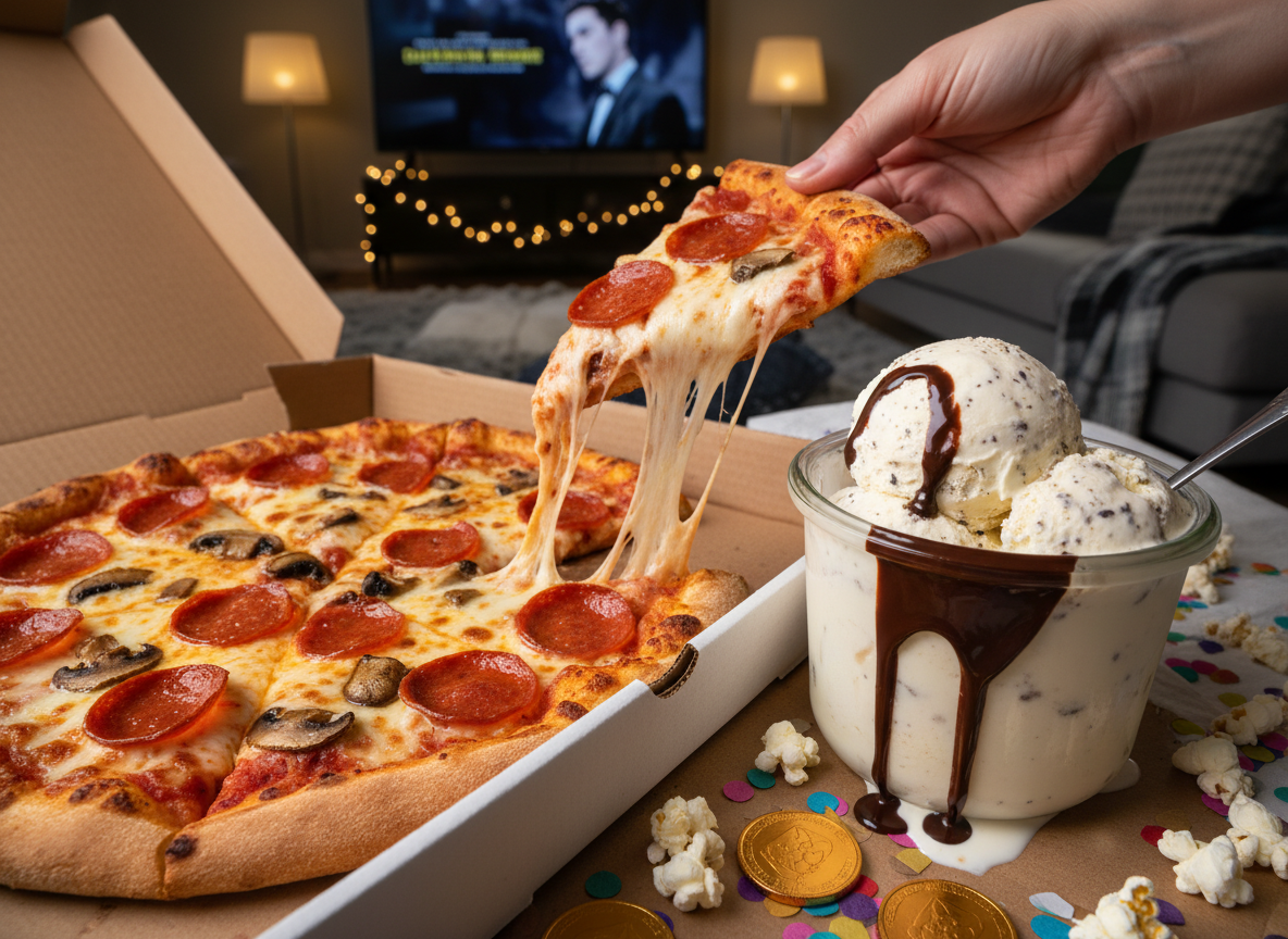 Close up of pizza and ice cream snacks