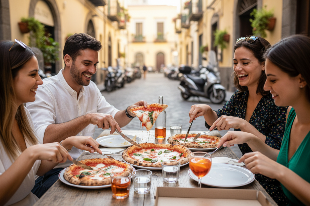 Friends enjoying pizza at an outdoor cafe in Naples