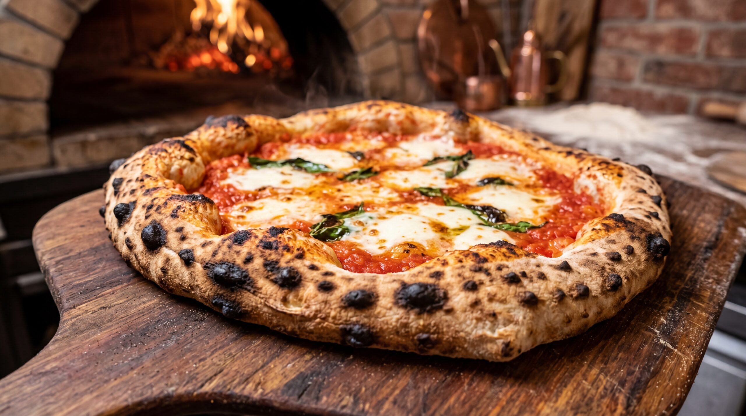 Traditional Neapolitan pizza crust with charred leopard spots