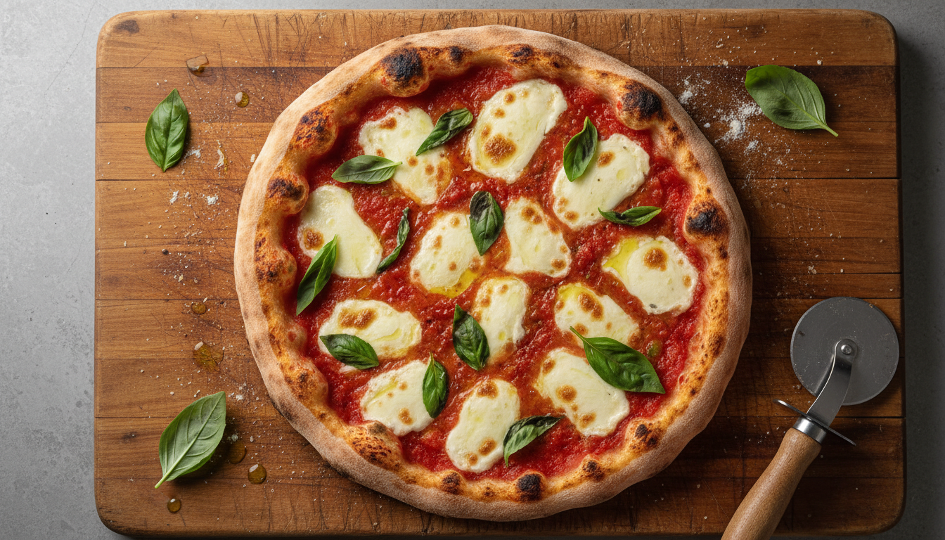 Classic Neapolitan pizza Margherita with charred crust, tomato sauce, mozzarella and basil