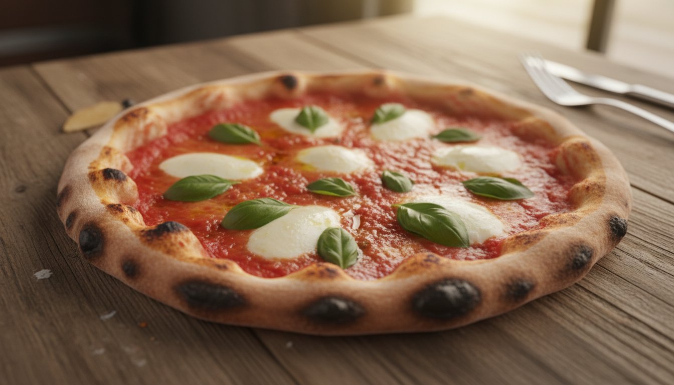 A traditional Neapolitan thin crust pizza with leopard spotting.