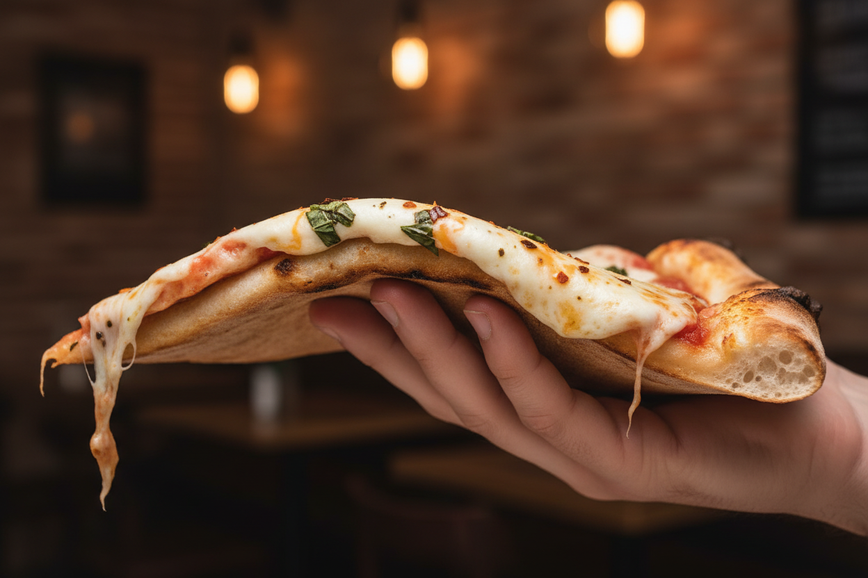 A person demonstrating the New York fold with a pizza slice